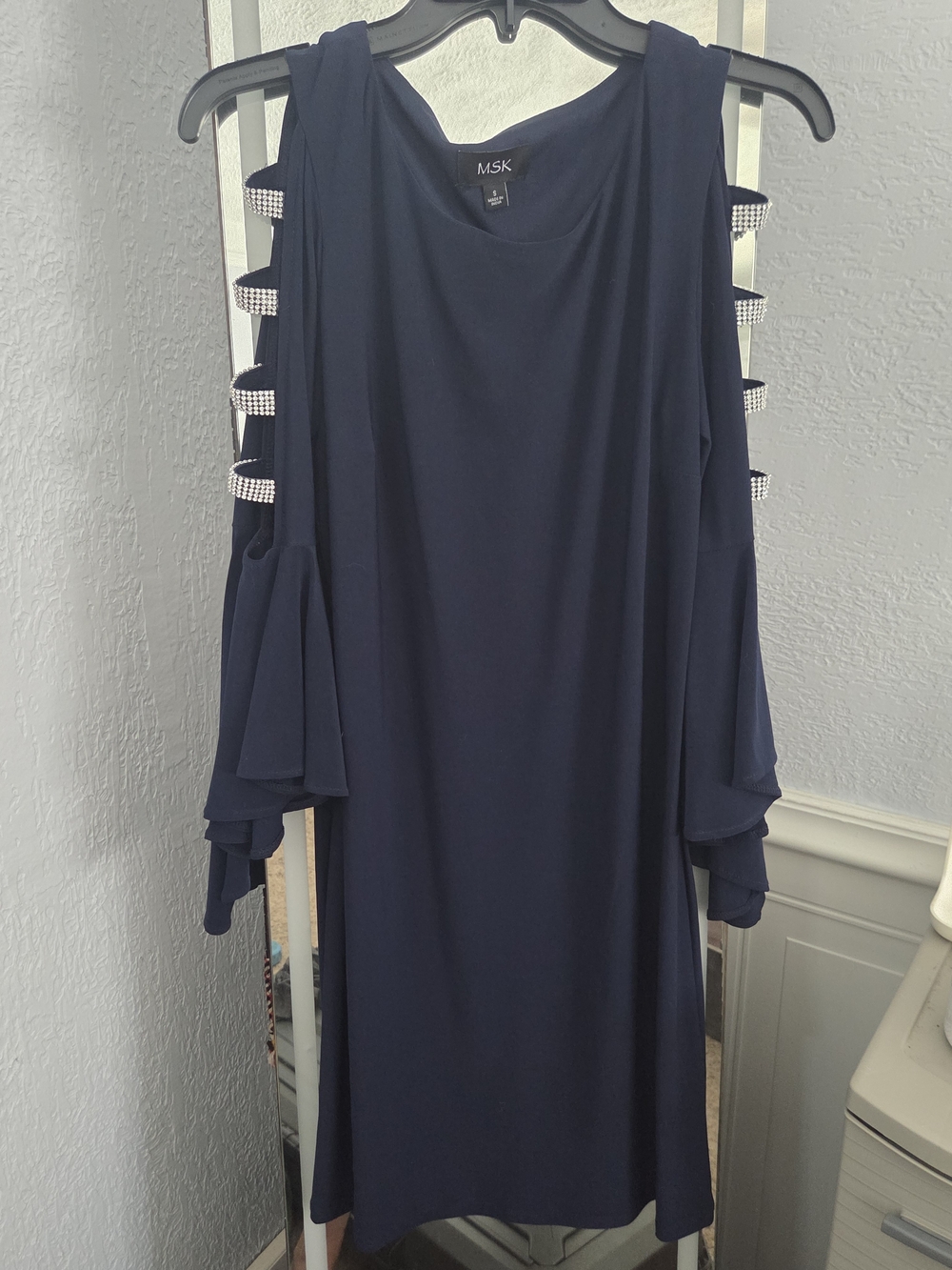MSK Navy Cold-Shoulder Long Sleeve Dress with Rhinestone Straps